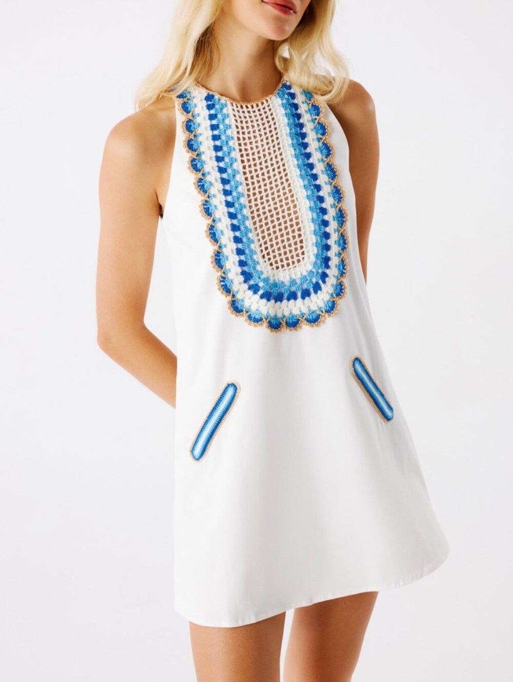 My Beachy Side Greece Vacation Crochet Knit White Blue Gold Size Small